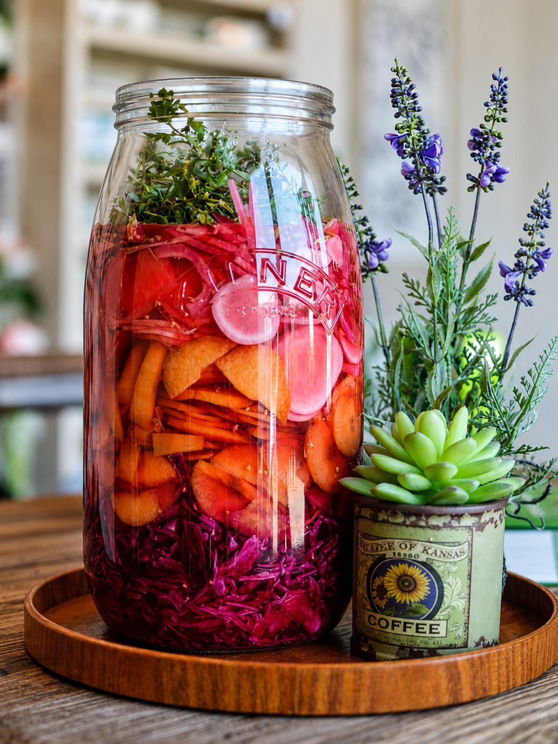 A jar of colourful pickled vegetables beside herbs