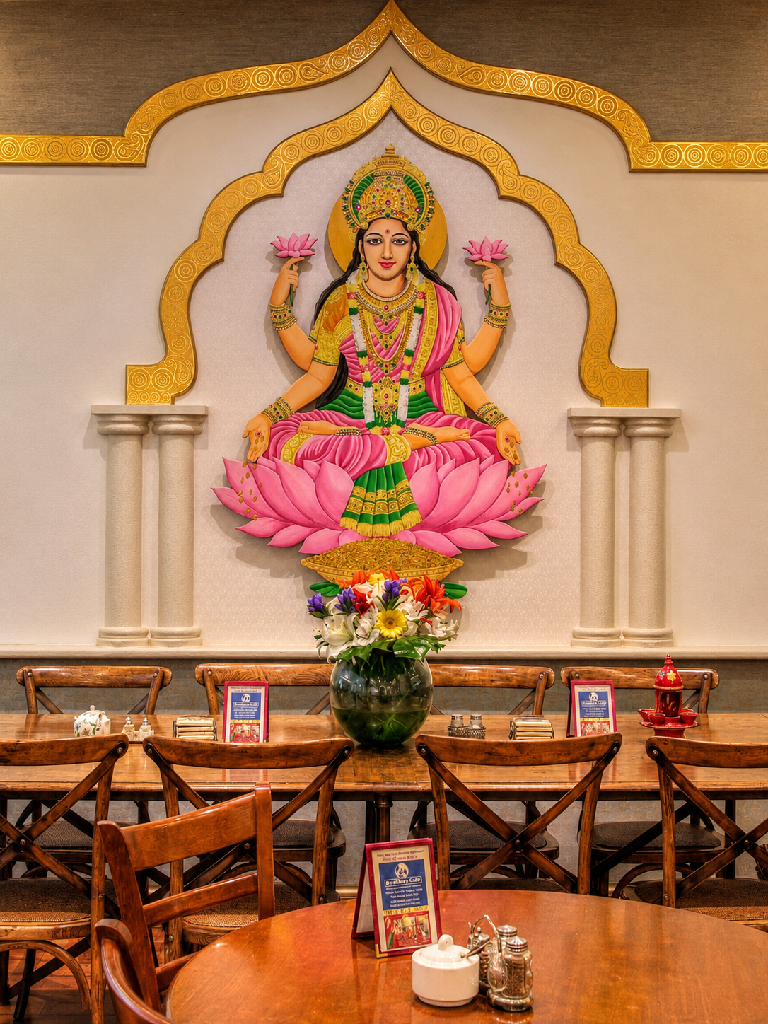 A painted lotus goddess mural above restaurant tables