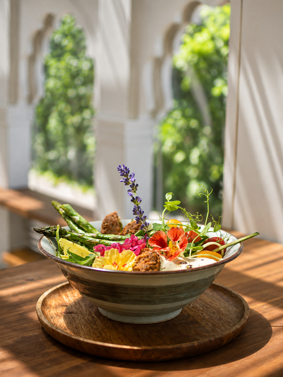A colourful vegetarian lunch bowl by a sunny window